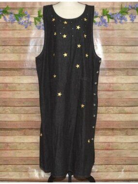 VTG Quacker Factory 3X Black Denim Jumper Jean Dress Gold Stars Modest Pockets